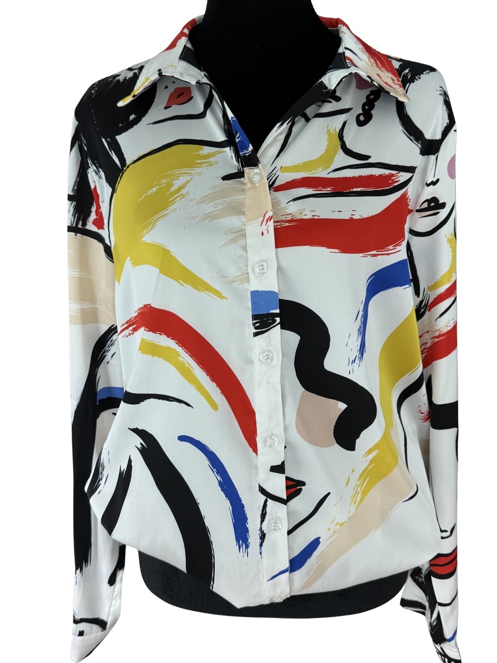 Lulumari Abstract Face-Print Button-Down Blouse in Multicolor. Size XL